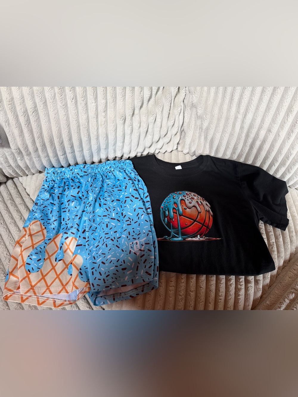 SHEIN Black Graphic Tee with Blue & Orange Ice Cream Shorts Kids Matching Set